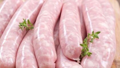 Close-up of uncooked, light pink sausages on a wooden board with thyme sprigs