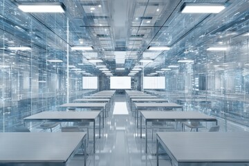 Futuristic virtual learning environment with students attending classes in immersive metaverse campus setting perfect for digital education and online learning concepts