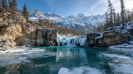 An Alpine Lake Frozen Over with a Winter Cascade