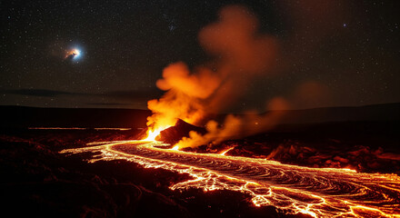 Spectacular Night Eruption: Fiery Lava Flow and Volcanic Vent
A dramatic, long-exposure photograph capturing the intense power of an active volcanic eruption at night
