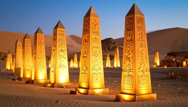 Illuminated Monuments at Sunset in Desert Landscape