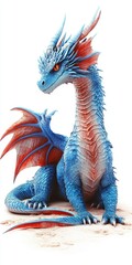 Scaly Blue Dragon Sitting on Sand with Orange Wings Creature Concept