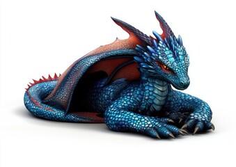 Lying Blue Dragon with Red Wings on White Background