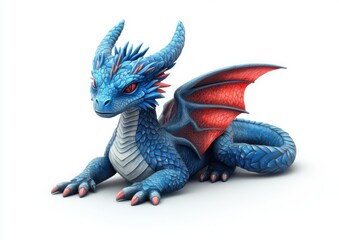 Blue Dragon Lying Down with Red Wings on White Background