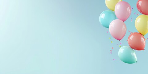 Pastel Balloons Bunch Floating on Light Blue Background with Confetti