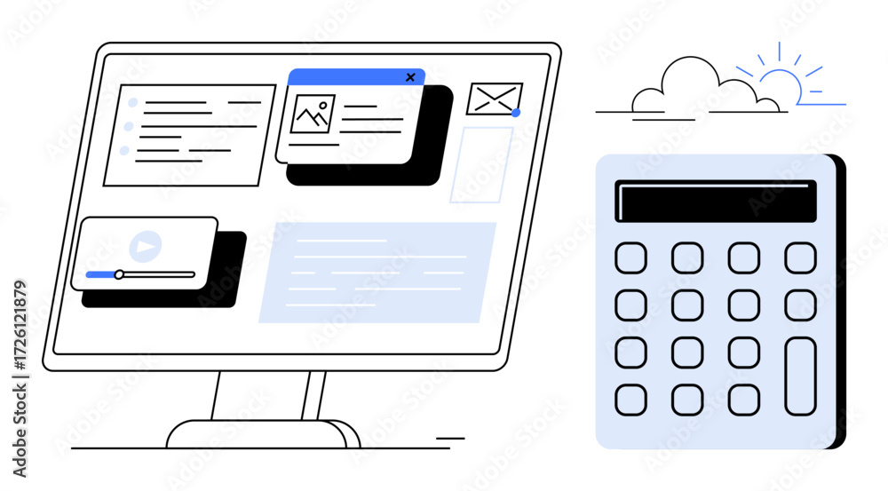 Poster computer monitor displaying multimedia content, calculator beside it, and minimalistic cloud design.