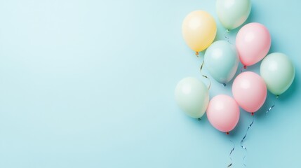 Pastel Balloons Arrangement on Light Blue Background with Ribbons