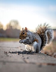 Gray squirrel eating seeds on a sidewalk