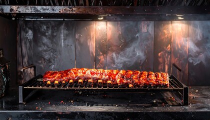 Grilled ribs on a metal grate with smoke rising against a textured, dark background