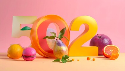 A vibrant, stylized still life featuring the numbers 502 amidst colorful fruits like a lemon, pear, apple, orange, and macaron, on a pink backdrop