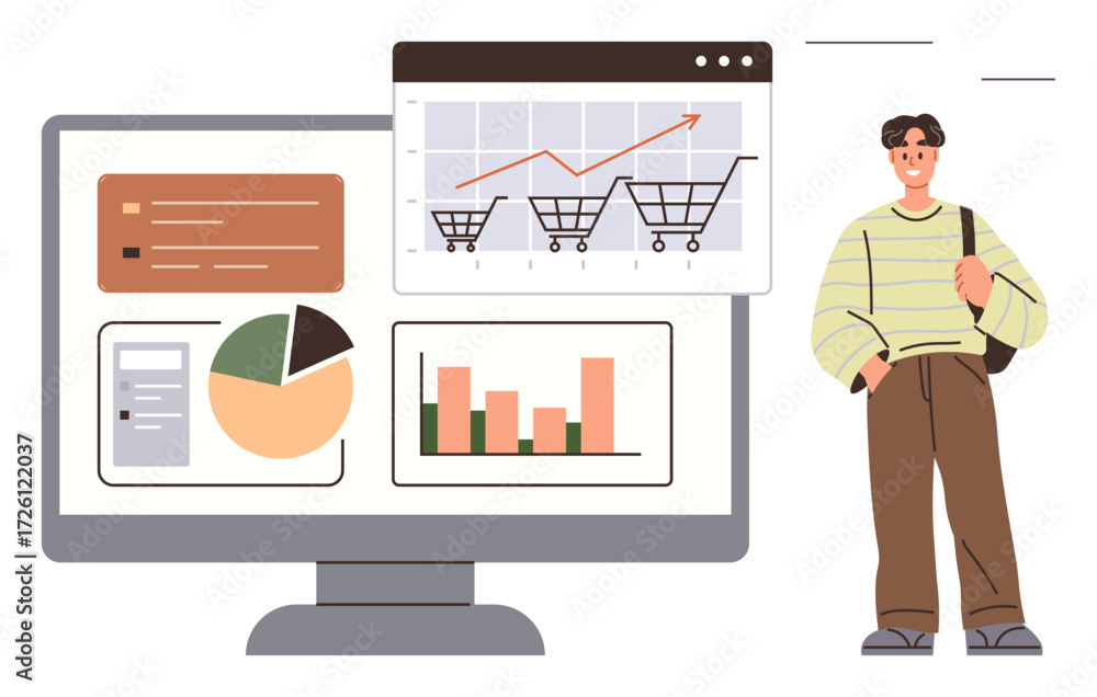 Poster young man standing near a computer displaying shopping data, bar graphs, pie chart, performance tren