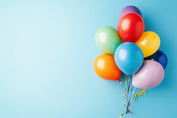 Festive Colorful Balloons Group on Light Blue Background, Celebration Concept