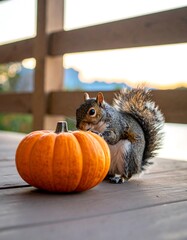 Gray squirrel near orange pumpkin on deck