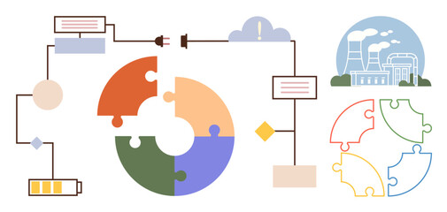 Circular puzzle diagram connected to power lines, battery, and energy sources. Factory and power plant in background. Ideal for energy chain, sustainability, processes, teamwork, problem-solving