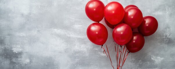 Shiny Red Balloons Floating on Gray Textured Background Banner