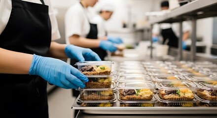 Professional chefs meticulously prepare fresh, healthy meals in hygienic containers for efficient delivery and catering services.