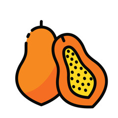 Two papayas one whole and one halved showing seeds