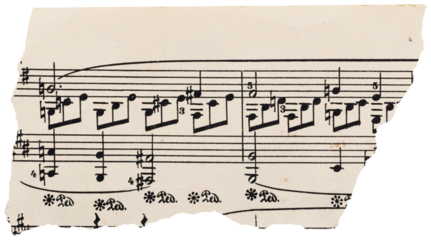 Piece of old vintage music sheet, decorative faded torn paper scrap with notes isolated for collage