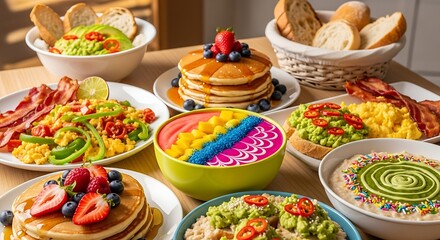 Vibrant and delicious brunch spread featuring colorful pancakes avocado toast and fresh fruit for a healthy and inviting meal