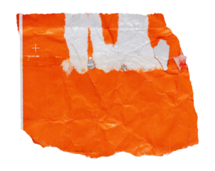 Piece of torn crumbled bright orange paper with tear edge isolated textured element for scrapbooking