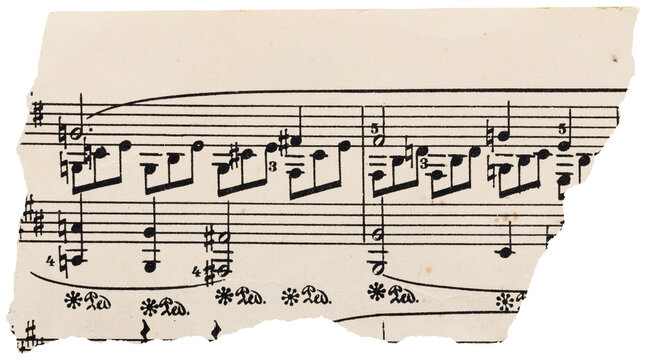 Piece of old vintage music sheet, decorative faded torn paper scrap with notes isolated for collage