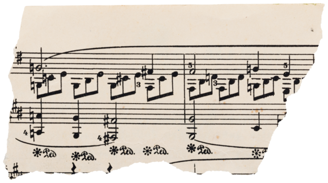 Piece of old vintage music sheet, decorative faded torn paper scrap with notes isolated for collage