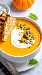 Creamy pumpkin soup with toasted bread