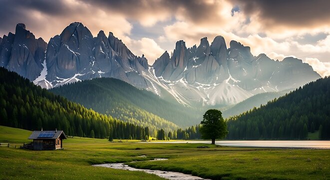 Majestic dolomite mountains towering over a serene alpine meadow with a small cabin and a tranquil lake during golden hour