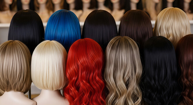 Assorted Colorful Wigs Displayed on Mannequin Heads in a Row Style