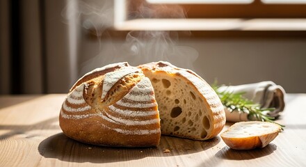 Freshly baked artisan sourdough bread with a golden crust steam rising and a slice of butter on a wooden table