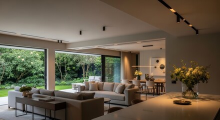 Fototapeta premium Elegant Open-Plan Living Space with Designer Lighting and a Serene Garden Vista