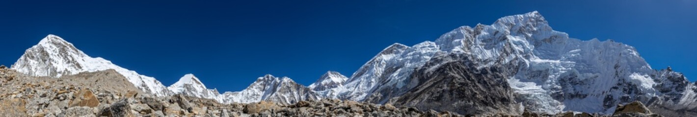 Panorama of Himalaya mountains. High resolution wide angle panoramic scenic view of Himalayas in...
