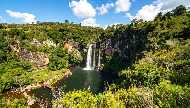Scenic waterfall cascades into a dark pool surrounded by lush vegetation and cliffs