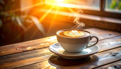 A sunlit, aromatic cup of coffee with latte art sits on a wooden table near a window, creating a warm, inviting atmosphere