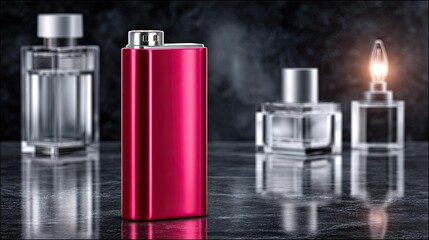 Fototapeta premium Red Battery Isolated Cinematic Lighting HDR Product Shot with Blurry Perfume Bottles Reflective Surface and Dark Moody Background