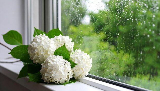 White flowers rest on windowsill, rain-streaked glass shows blurred green foliage
