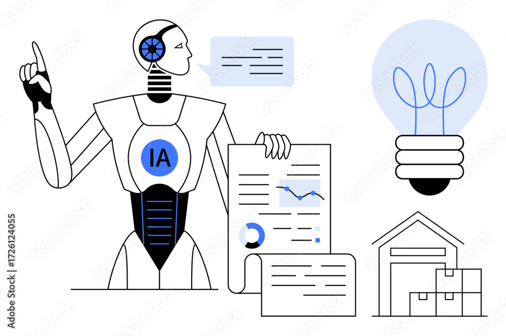 Poster robot with ai label presenting data charts and documents, light bulb symbolizing innovation, warehou