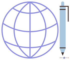 Blue pen beside minimal wireframe globe. Ideal for global business, communication, education, creativity, technology, international strategy, globalization. Simple flat metaphor
