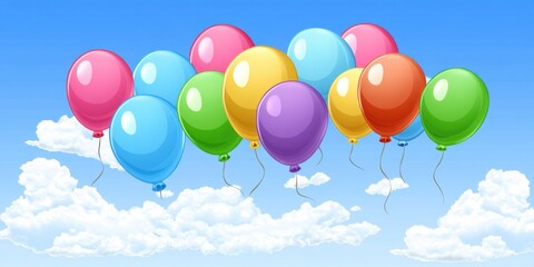 Colorful Balloons Floating in Bright Blue Sky with White Clouds