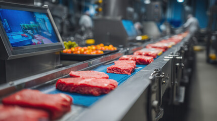Raw Meat on Conveyor Belt in Modern Food Processing Plant
