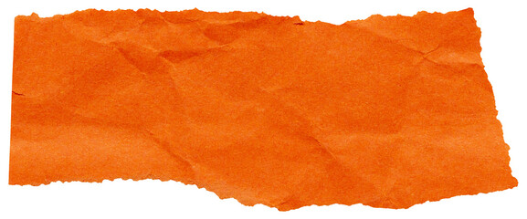 Strip of crumpled bright orange paper with torn edges, isolated scrap for scrapbooking design