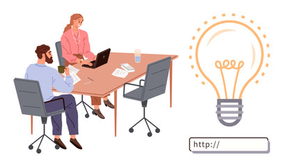 Two professionals discuss documents and laptop at table, light bulb represents brainstorming. Ideal for teamwork, creativity, innovation, online content, brainstorming, business, idea generation