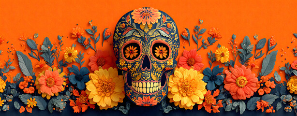 Day of the Dead, mexican skull isolated on orange background