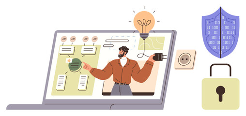 Man presenting data flow and speech bubbles on laptop. Lightbulb, lock, shield highlight creativity, cybersecurity, and connection. Ideal for education, remote work, innovation tech online safety