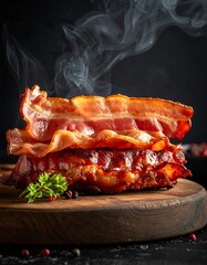 Crispy bacon slices stacked on a wooden board, steaming