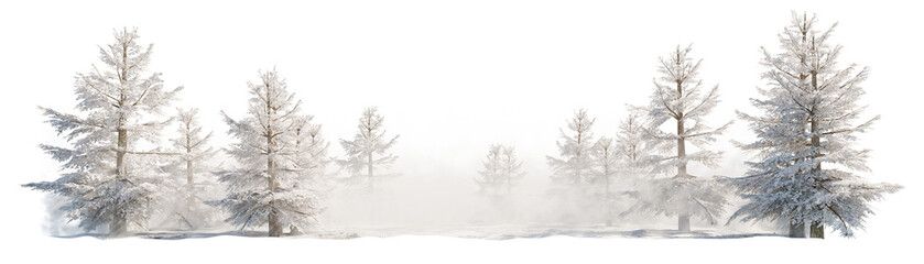 Snow-laden pines emerging from thick mist, capturing a serene winter forest scene. PNG with transparent background