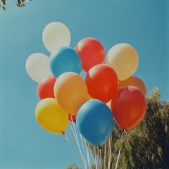 Colorful Balloons Bunch Floating Against Clear Blue Sky Outdoors