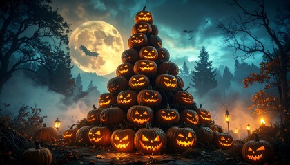 Pumpkin pile glowing eerily in spooky forest with a full moon