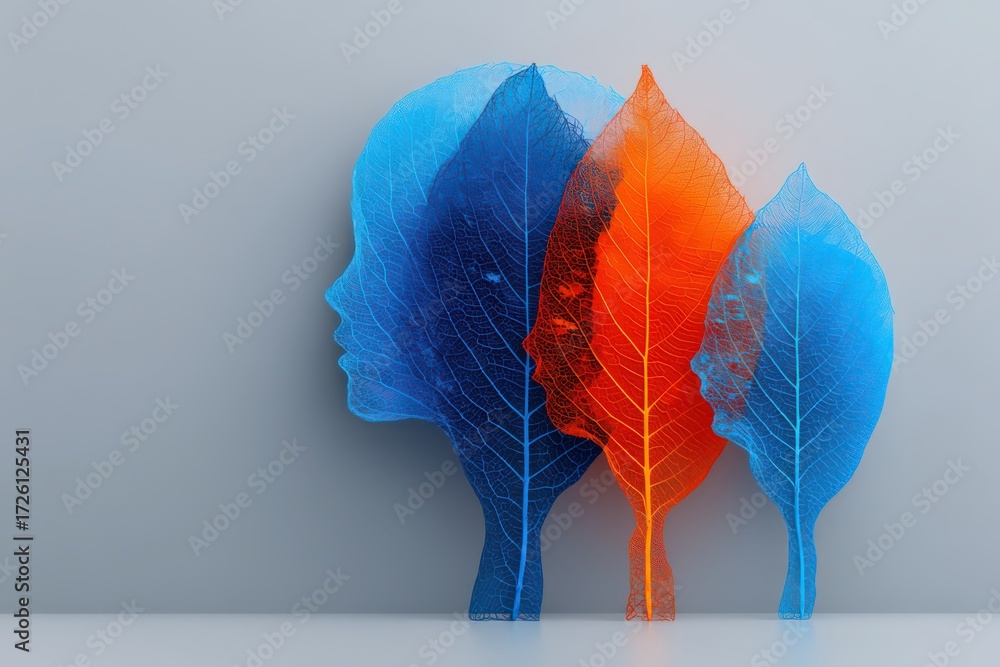Poster abstract visualization of human identity through layered leaf structures in blue and orange tones il
