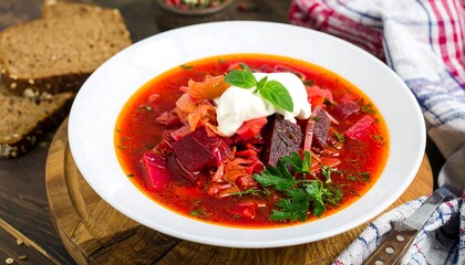 Bright beetroot soup with sour cream, parsley, and bread served on a rustic wooden board